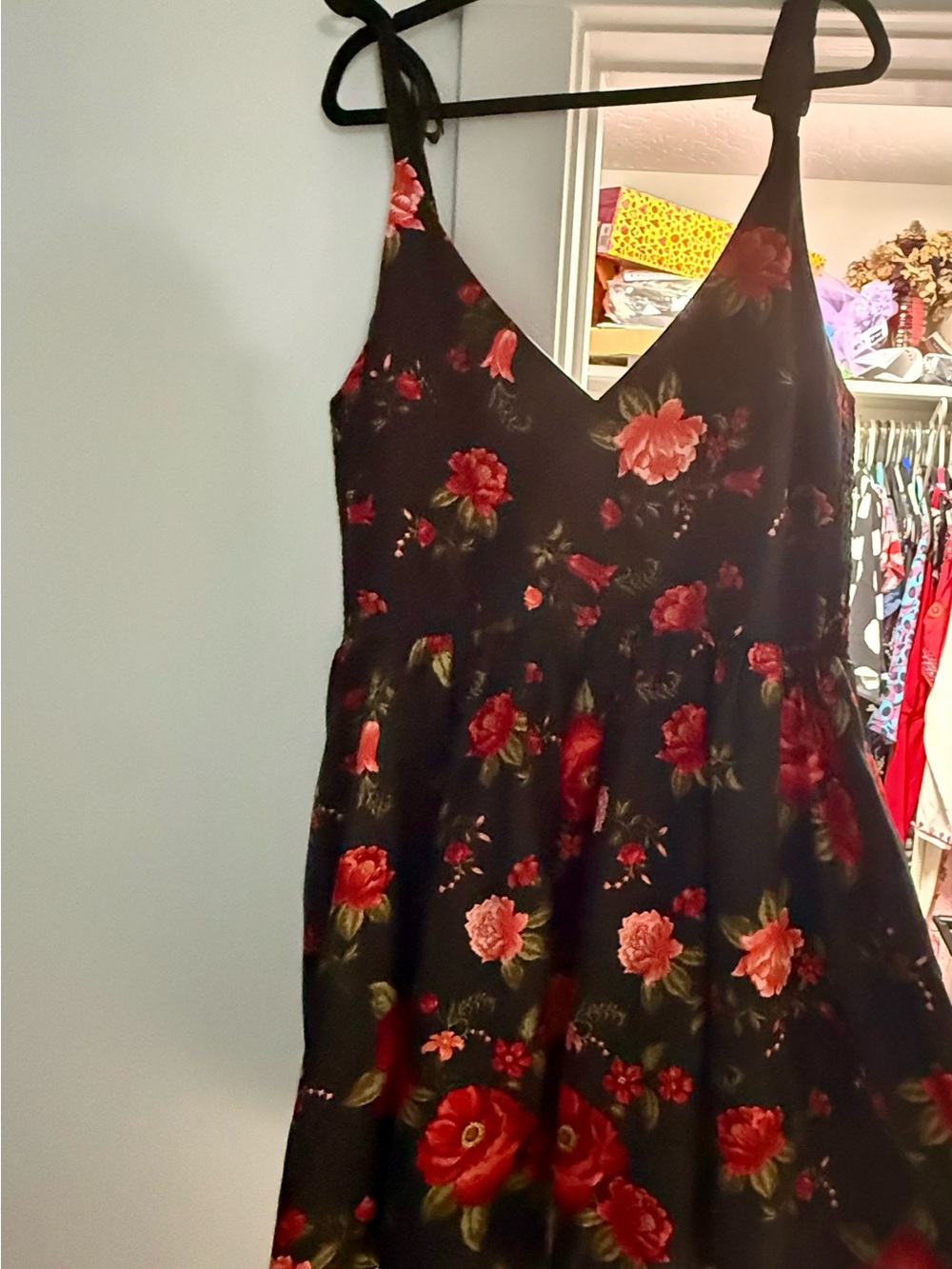 Old Navy Black Mini Dress with Red Floral Print